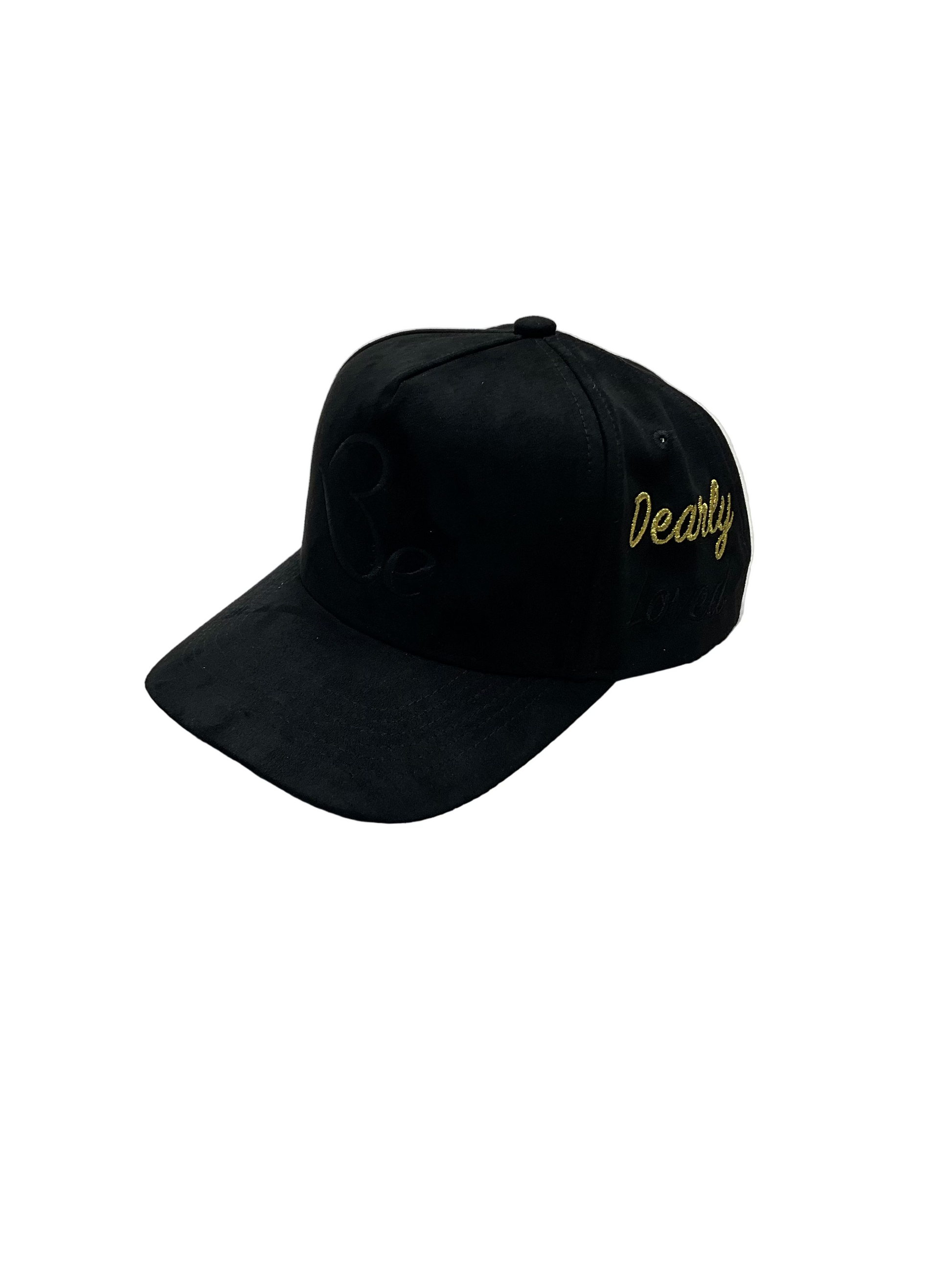 Black cap with 'Dearly' embroidery on a white background.