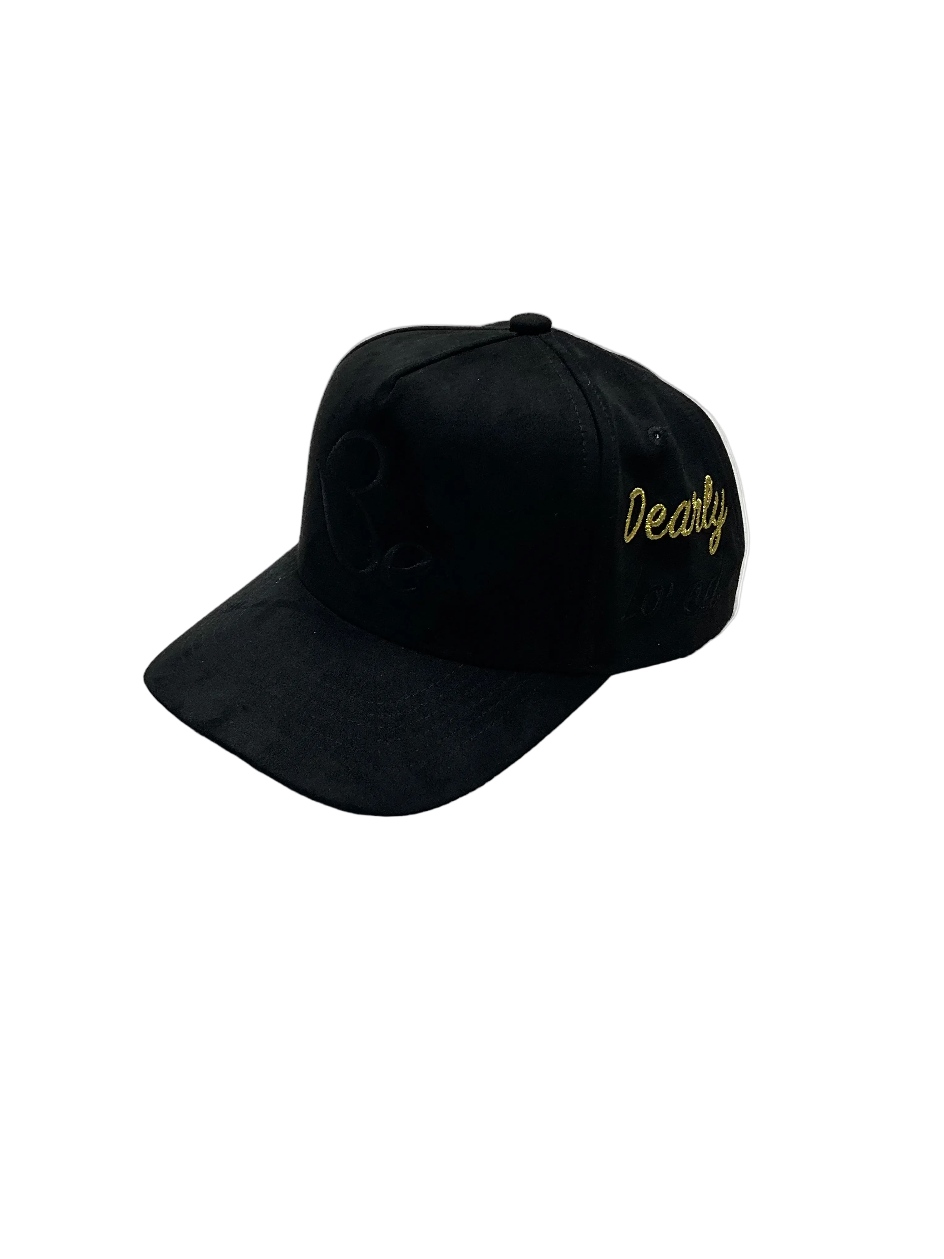 Black cap with 'Dearly' embroidery on a white background.