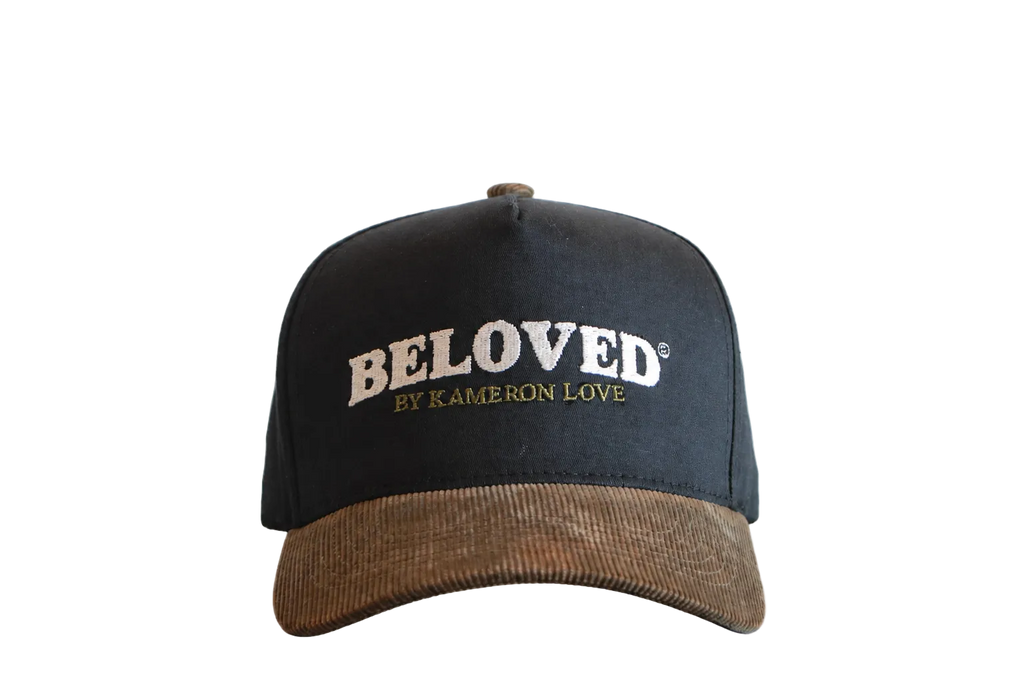 Beloved by Kameron Love black canvas cap with brown corduroy bill, front view