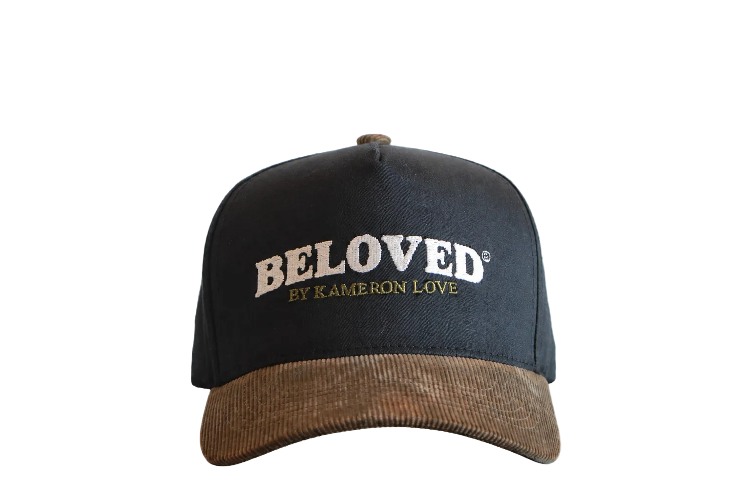 Beloved by Kameron Love black canvas cap with brown corduroy bill, front view
