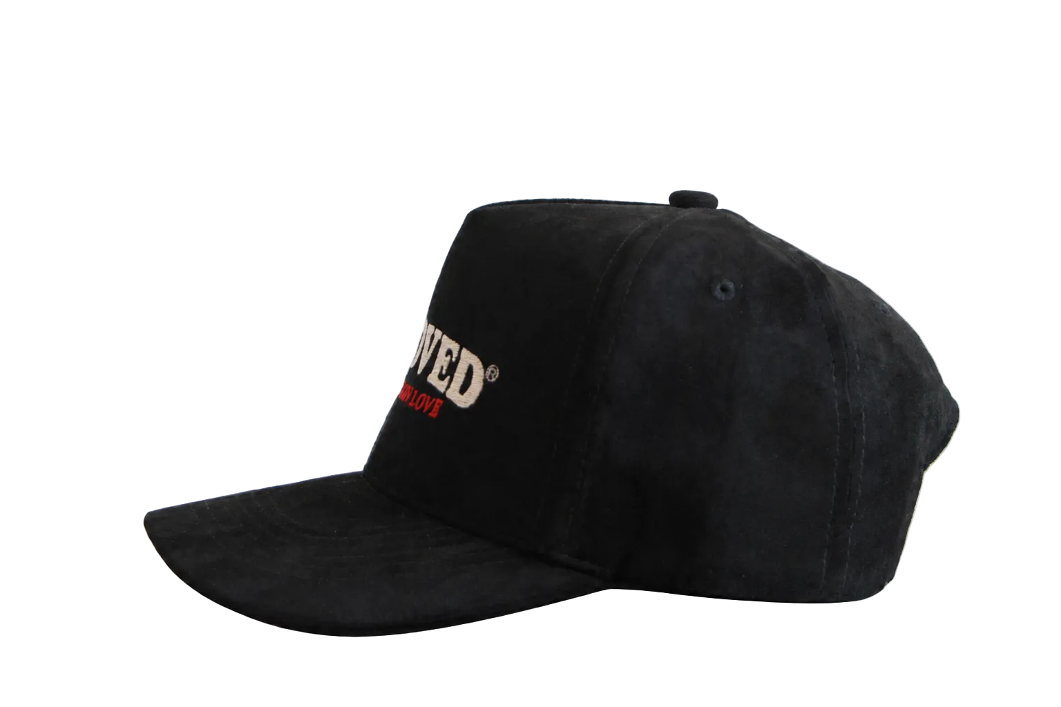 Beloved by Kameron Love black suede cap with red trim, side view
