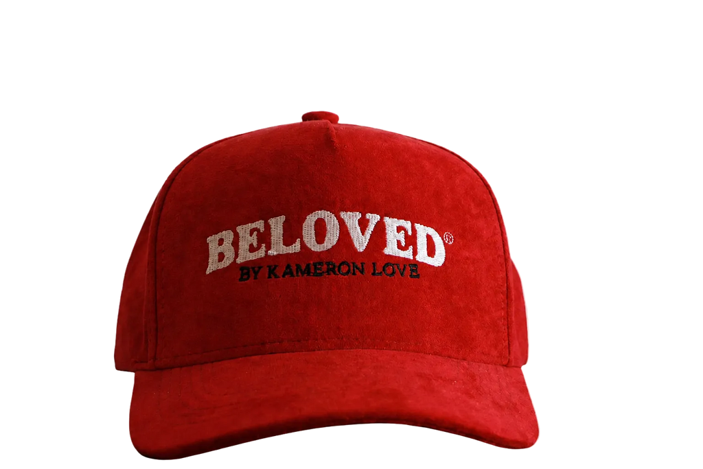Beloved by Kameron Love red suede cap, front view