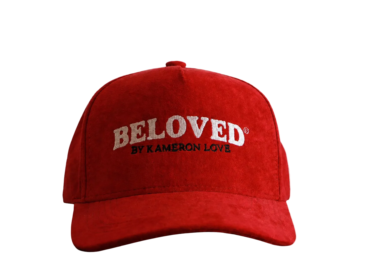 Beloved by Kameron Love red suede cap, front view