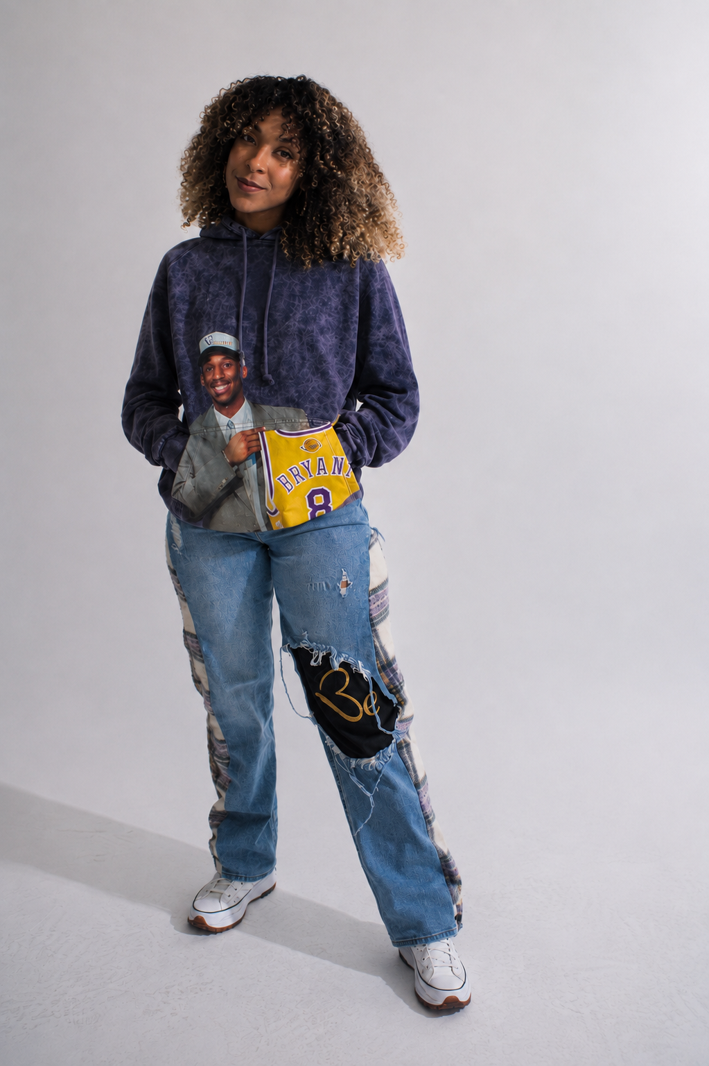 Model wearing Our Beloved Draft Day vintage raglan hoodie, front view