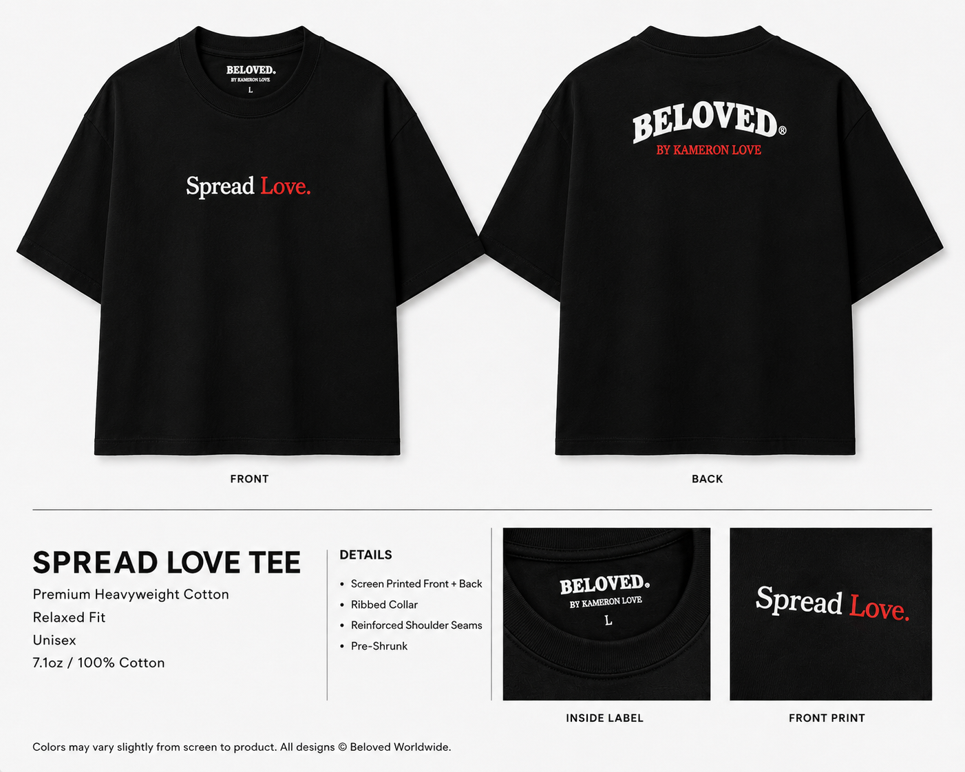 Spread Love Tee in black with white and red print, front and back