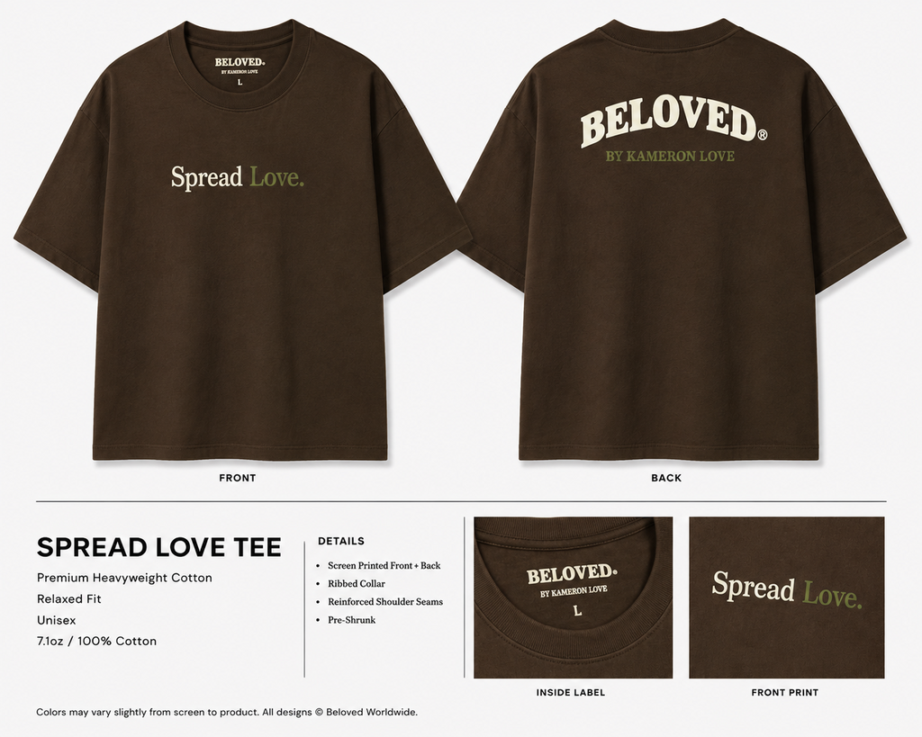 Spread Love Tee in brown with cream and olive print, front and back