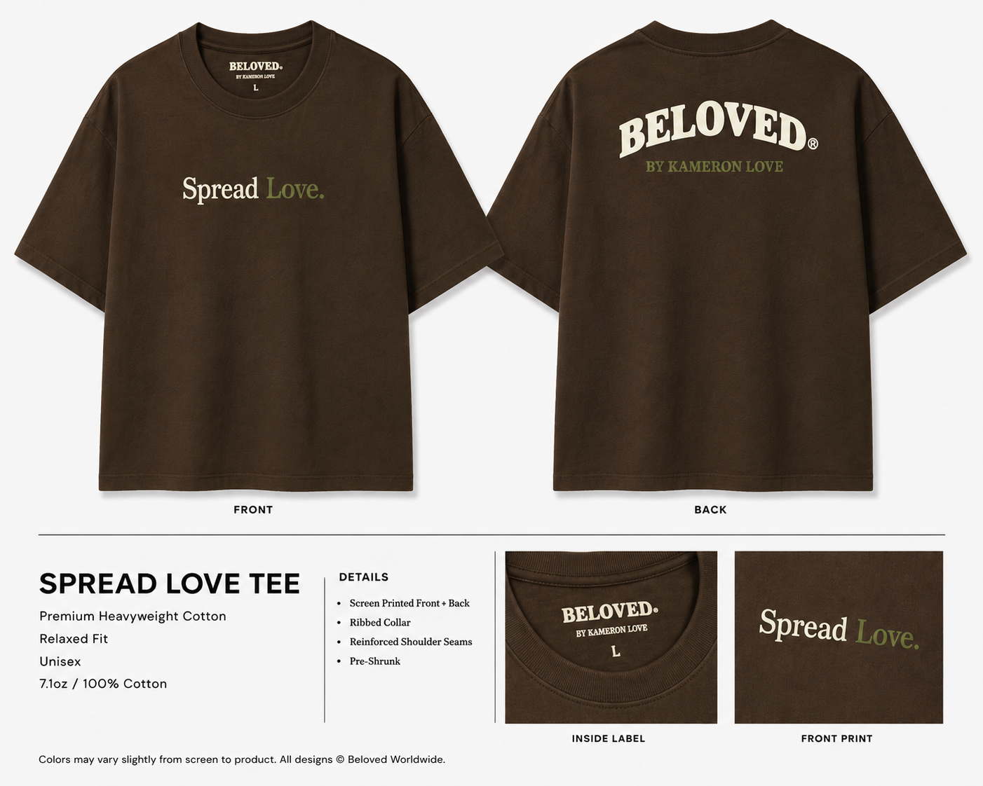 Spread Love Tee in brown with cream and olive print, front and back