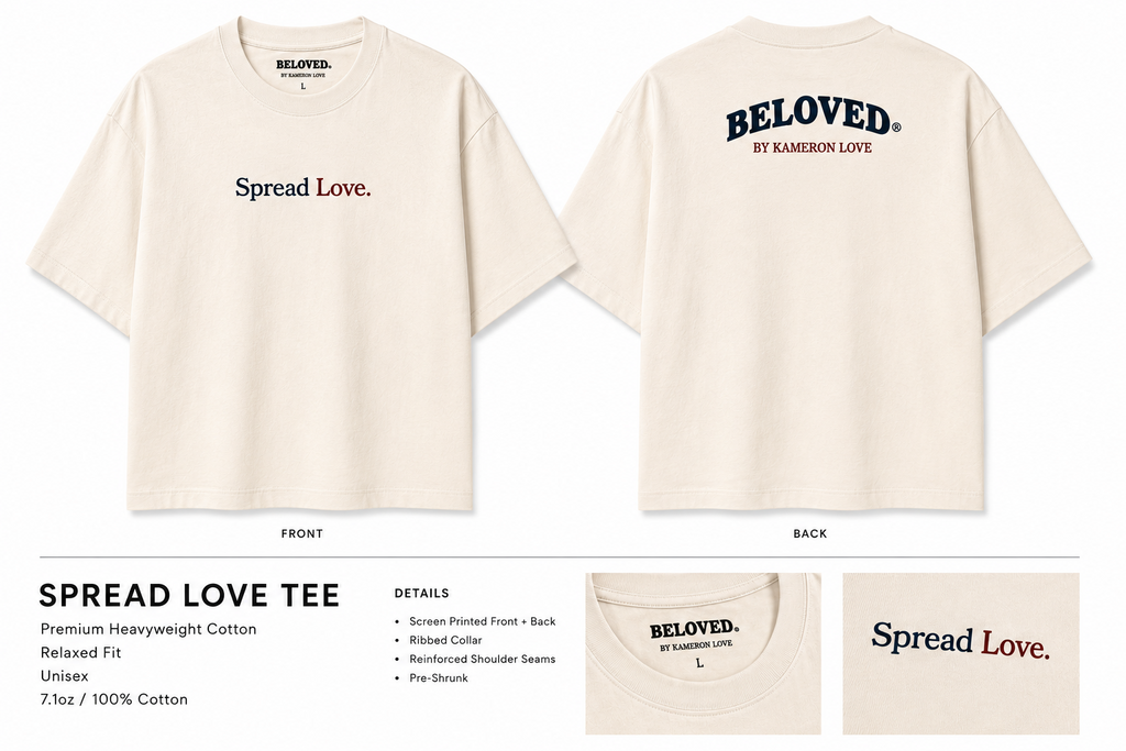 Spread Love Tee in ecru with navy and maroon print, front and back