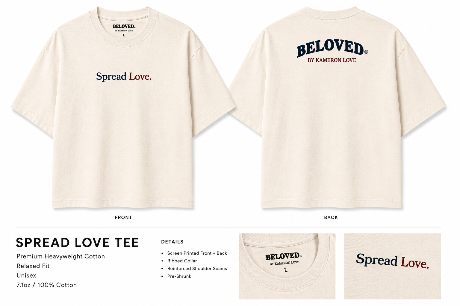 Spread Love Tee in ecru with navy and maroon print, front and back