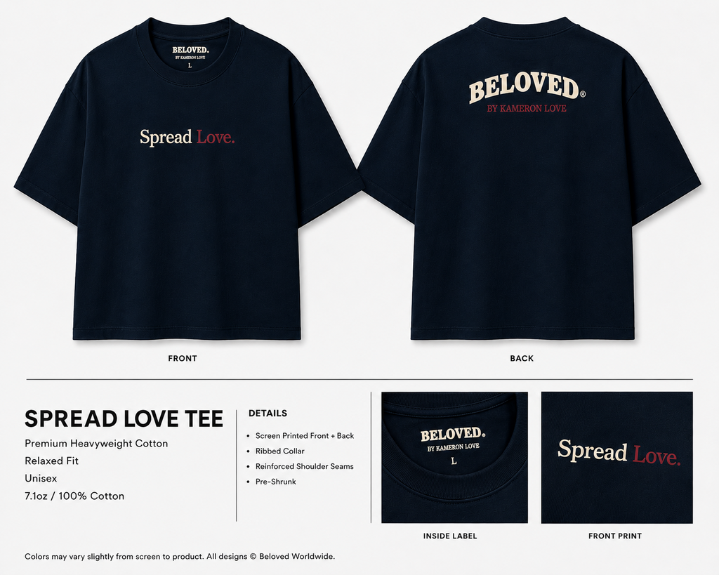 Spread Love Tee in navy with cream and maroon print, front and back